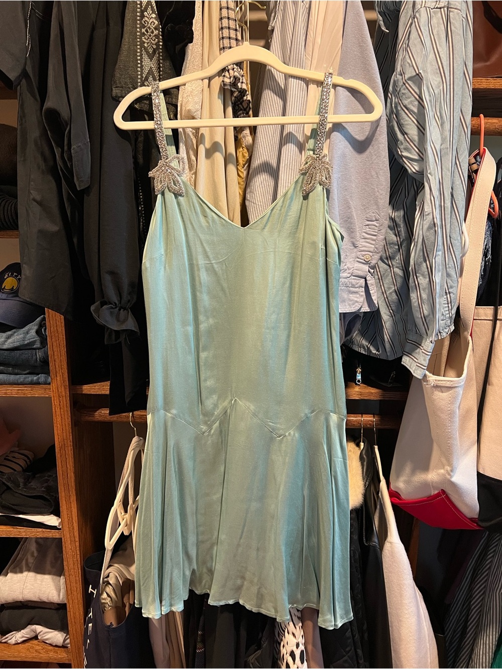 Corey Lynn Calter Seafoam Satin Slip Dress with Beaded Straps